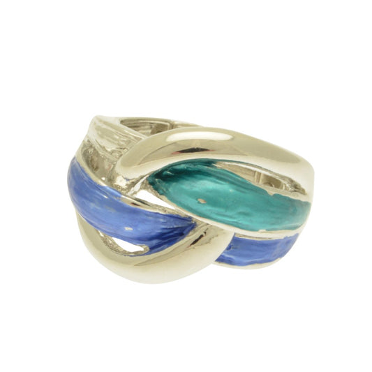 Silver ring with blue and green inlay on a white background