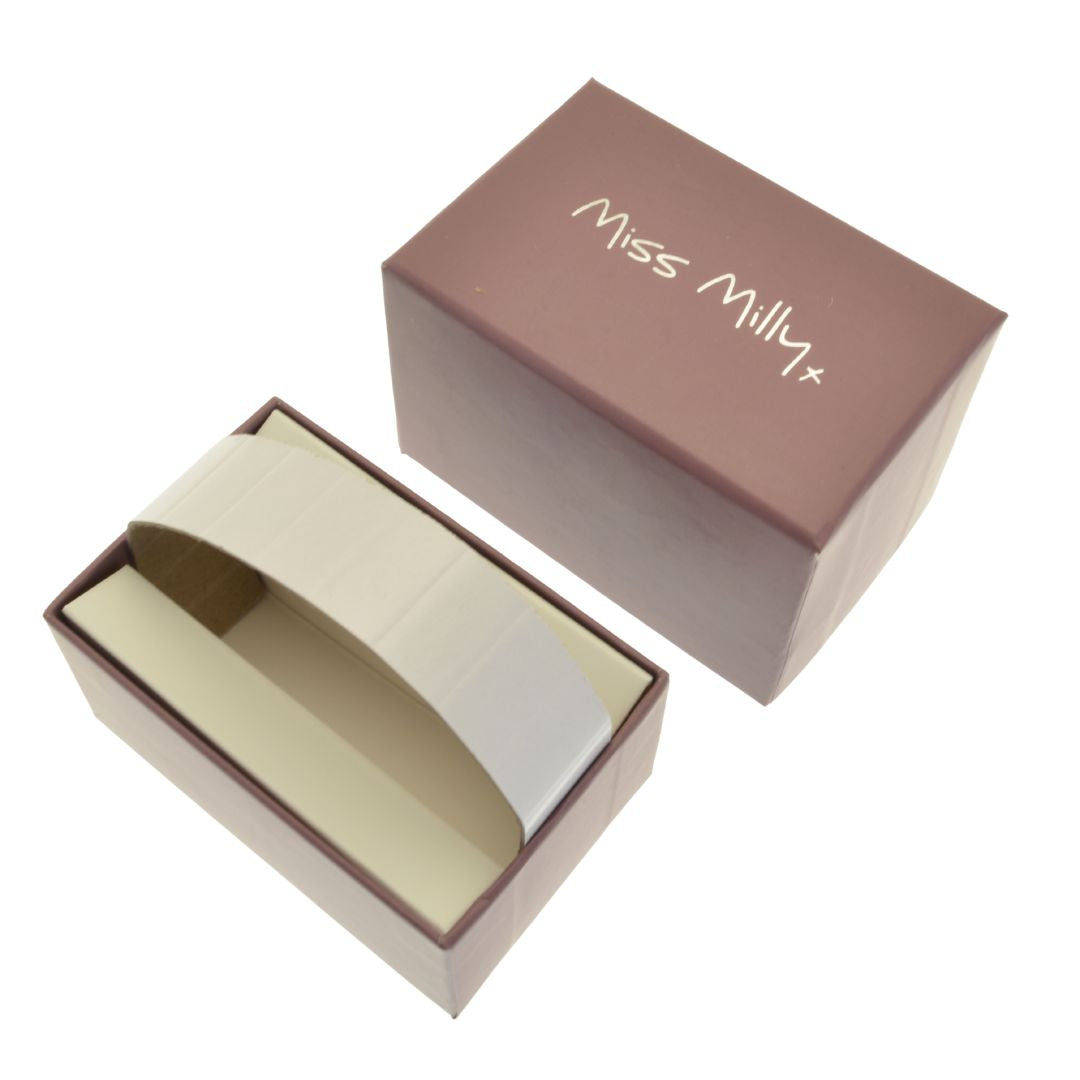Open box with beige interior and 'Miss Milly' branding on a white background