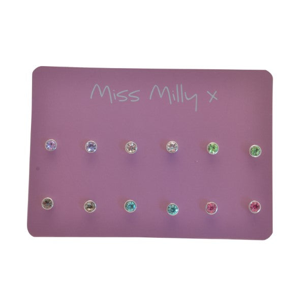 Purple earring display card with various earrings on a white background, branded 'Miss Milly'.