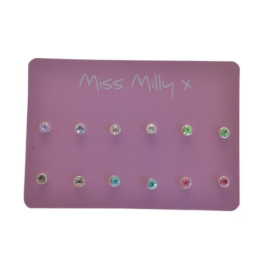 Purple earring display card with various earrings on a white background, branded 'Miss Milly'.