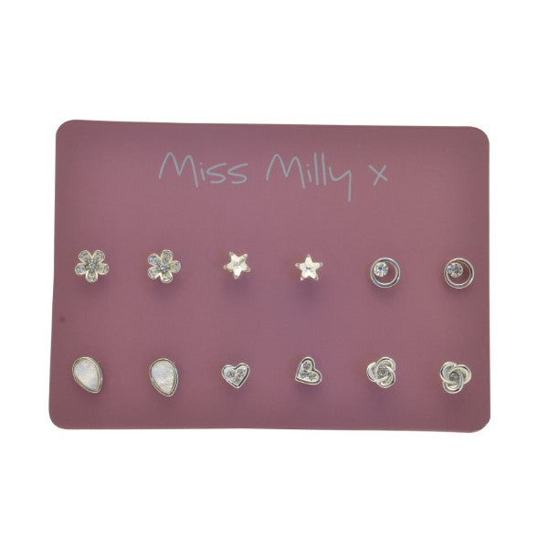 Set of silver earrings on a 'Miss Milly x' branded card