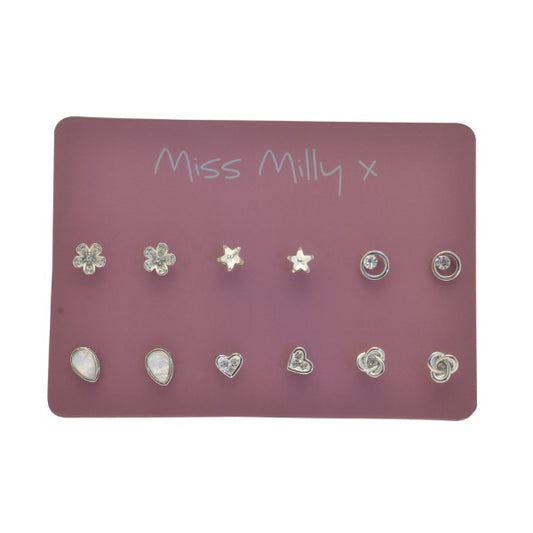 Set of silver earrings on a 'Miss Milly x' branded card