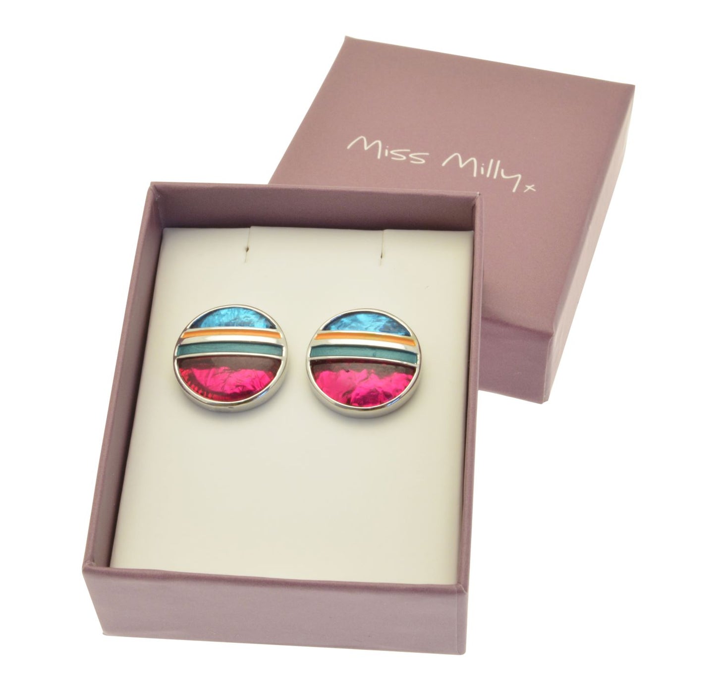 Colorful round earrings in a 'Miss Milly' branded box on a white background