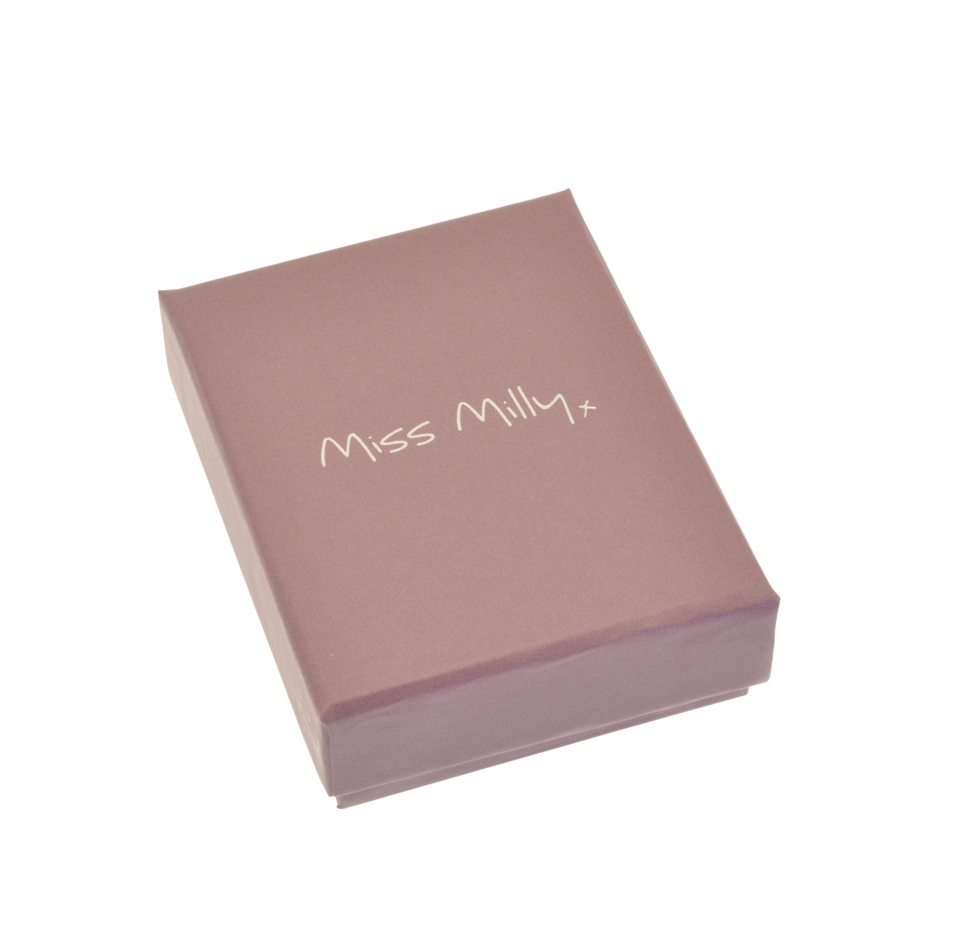 Pink box with 'Miss Milly' branding on a white background
