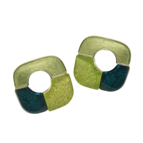 Pair of green and blue earrings on a white background