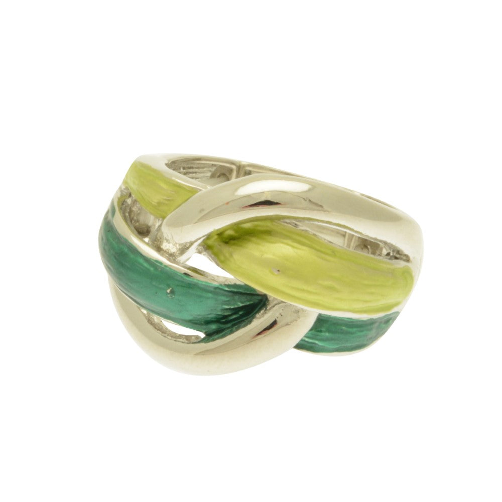 Silver ring with green and yellow stripes on a white background
