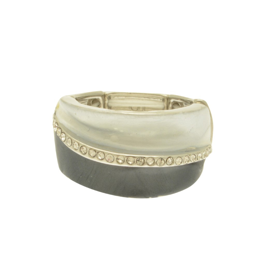 Decorative ring with a silver rim and crystal embellishments on a white background