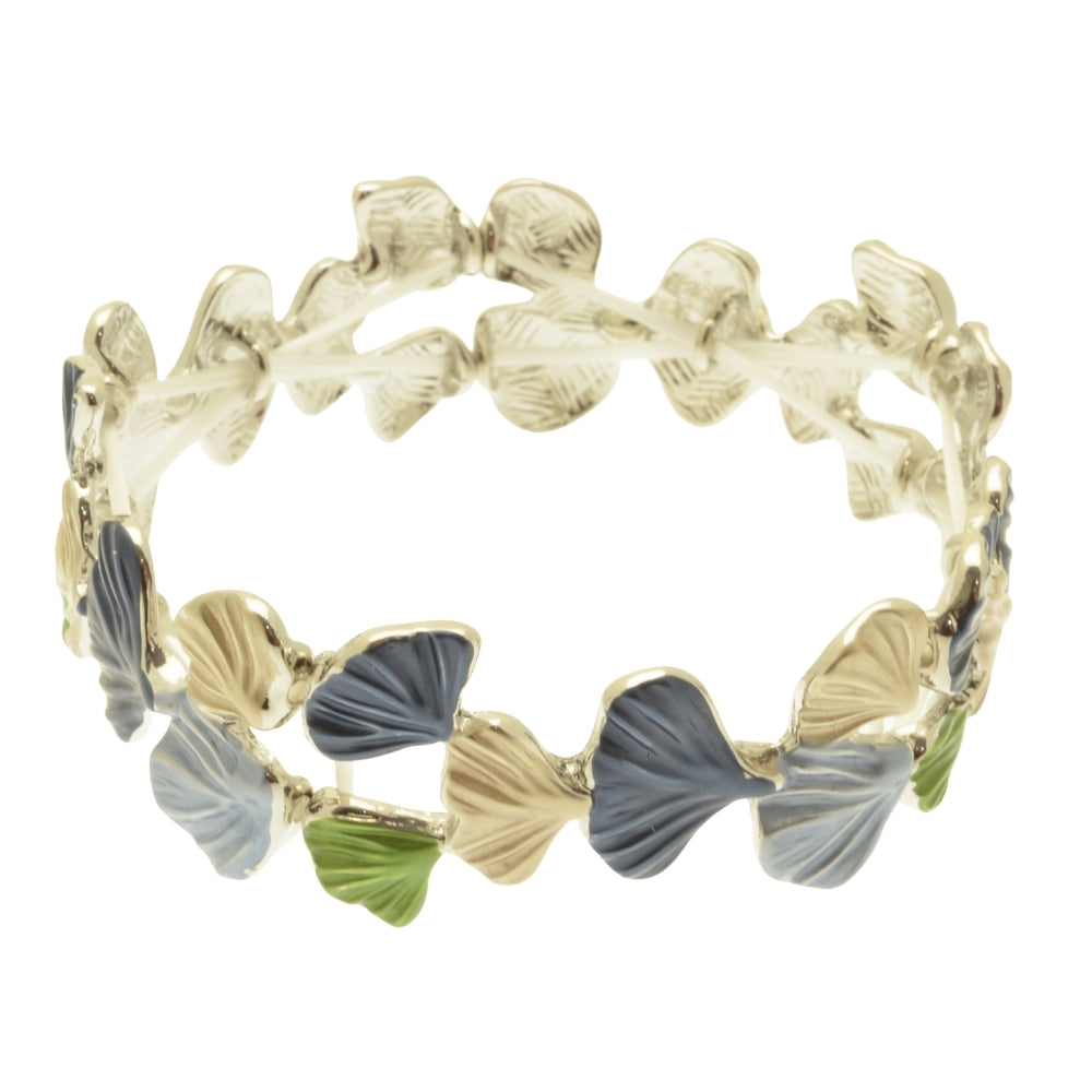 Miss Milly Multicolour Gingko Leaf Elasticated Bracelet with leaf-like designs in gold, blue, and green on a white background