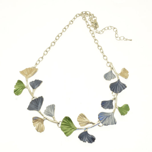 Miss Milly Multicolour Ginkgo Necklace with leaf-shaped pendants on a white background