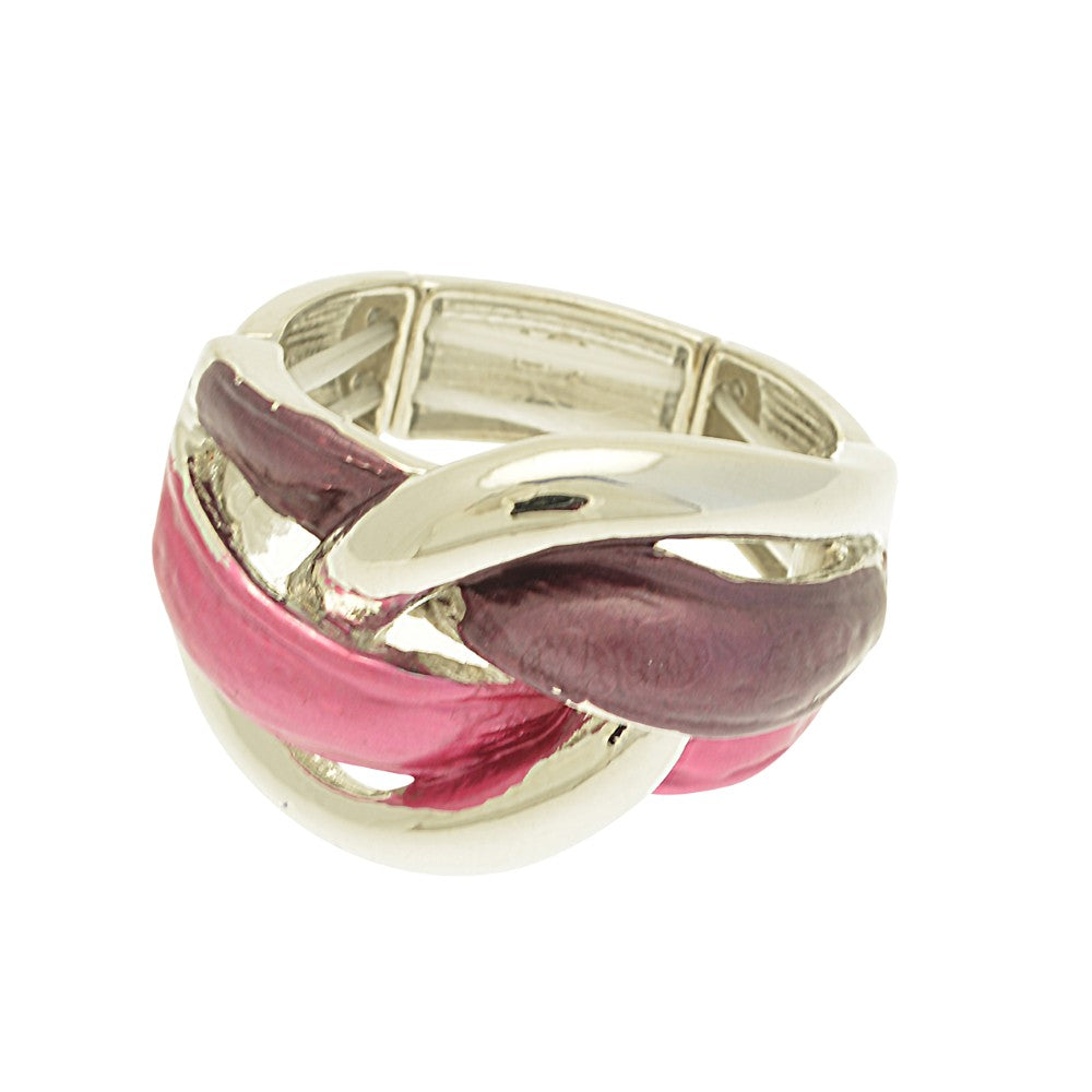 Silver ring with pink and purple swirl design on a white background