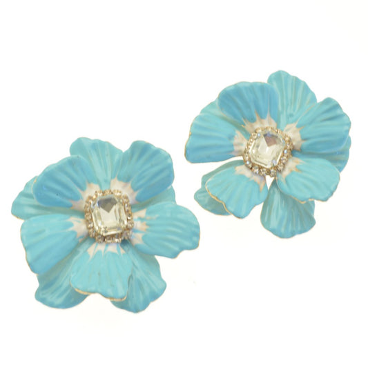 Miss Milly Turquoise Flower Statement Earrings with white background 