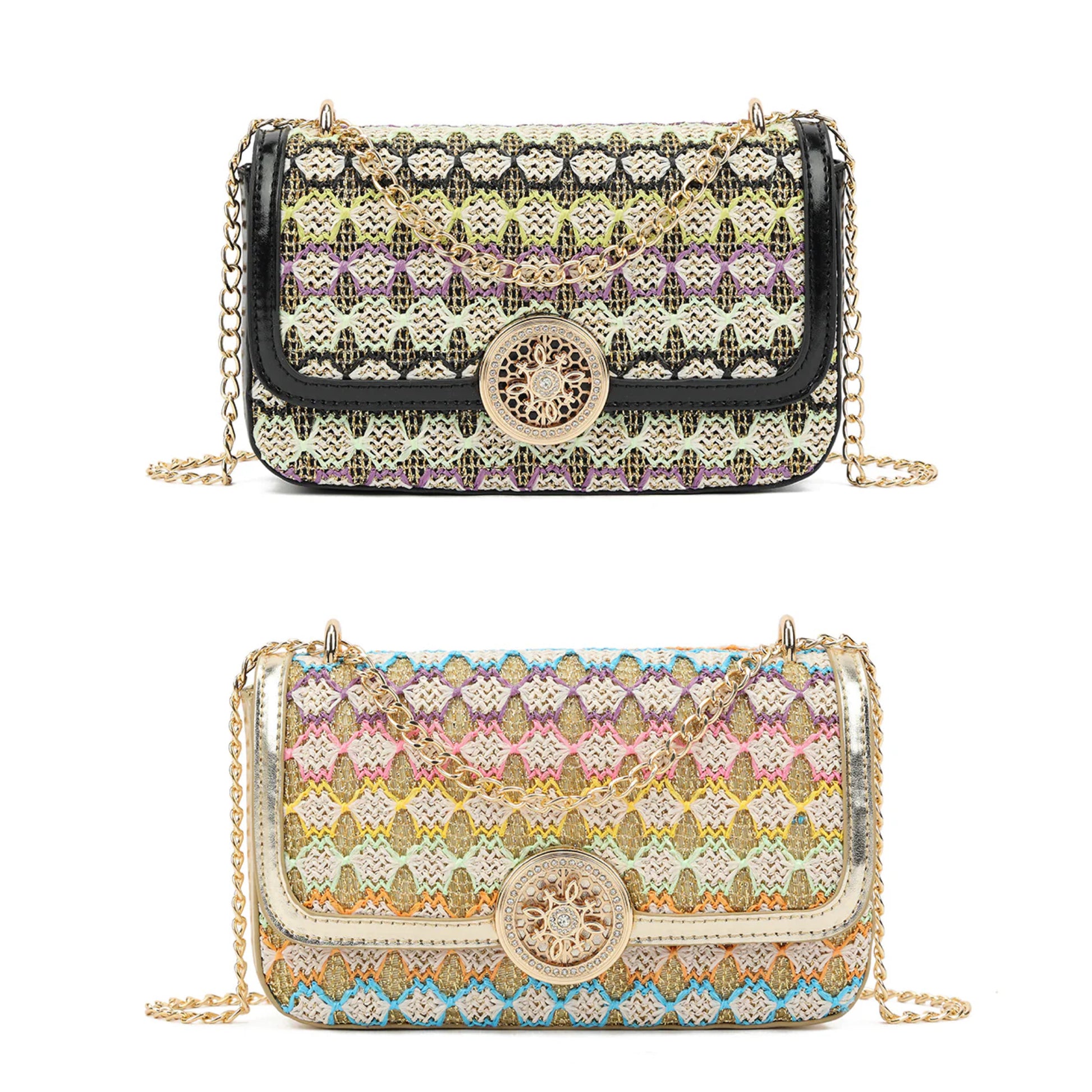 Two patterned handbags with gold chains on a white background