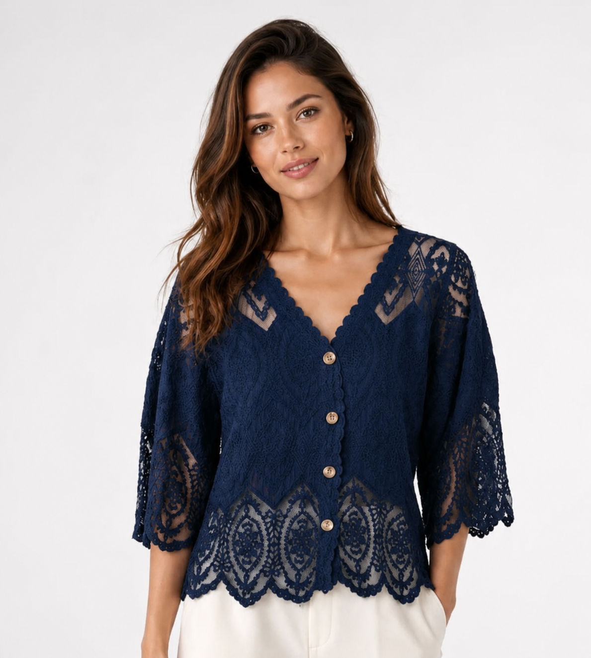 A woman wearing a navy blue lace cardigan with a scalloped V-neckline and front buttons, paired with white pants, against a light gray studio background.