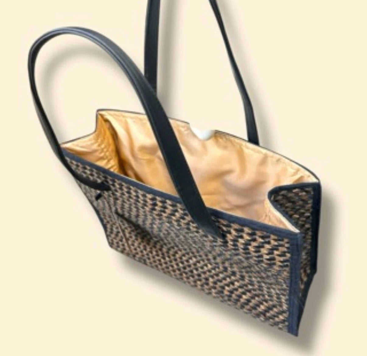 Niven McCarthy Bali Collection - Sumatra Black & Gold Palm Weave Tote Bag On a cream background 
