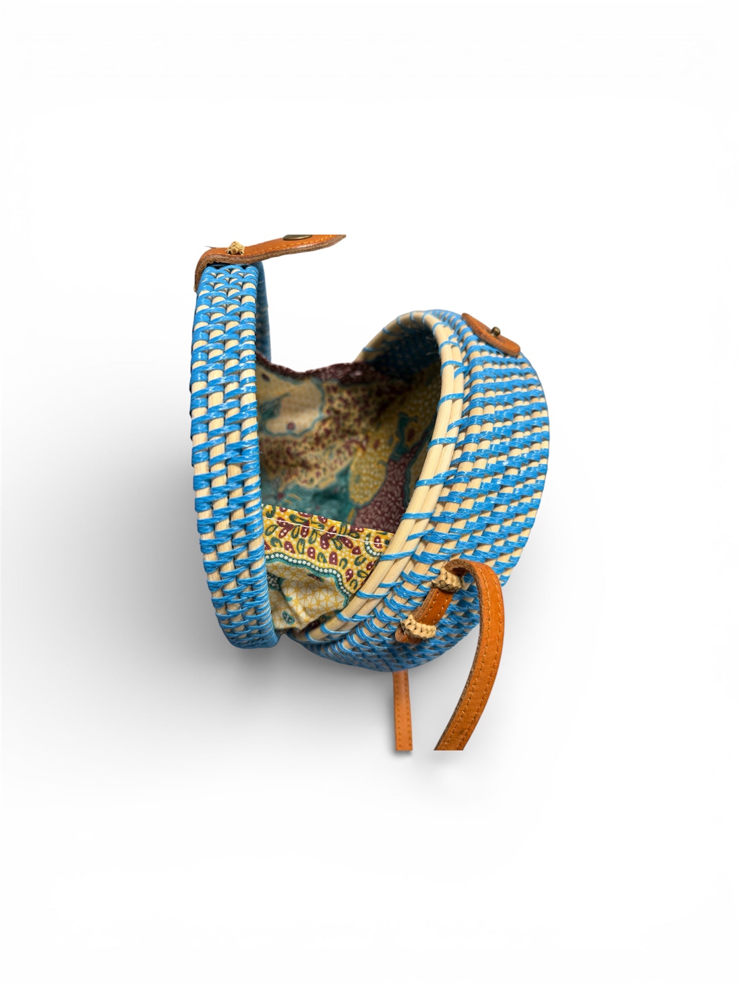 Inside Niven McCarthy Blue Rattan Cross Body/Shoulder Bag on white background 