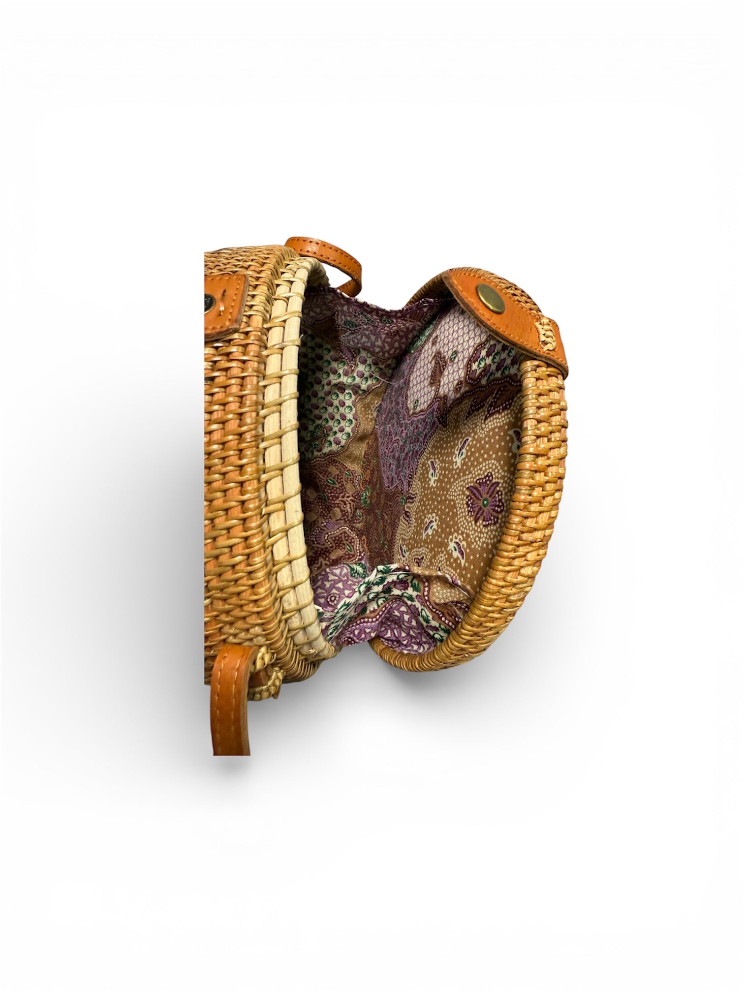Inside Niven McCarthy Brown Rattan Cross Body/Shoulder Bag on white background 