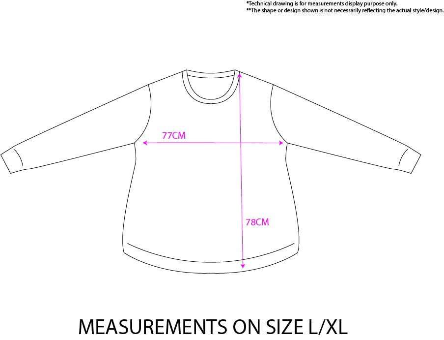 Measurement diagram of a long-sleeve crewneck shirt showing dimensions of 77cm width and 78cm height, with text at the bottom reading 'MEASUREMENTS ON SIZE L/XL'.