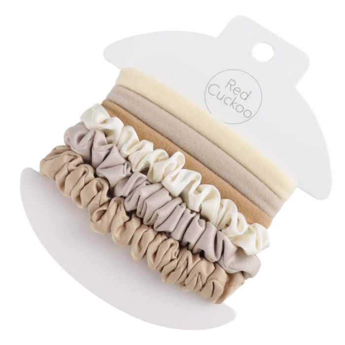 Pack Of 6 Cream and Brown Scrunchie Hairbands On Display Card 