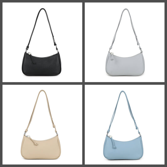 Four shoulder bags arranged in a 2x2 grid on a white background with dark gray borders. The bags are shown in black, light gray, beige, and light blue, each with a crescent-shaped body and a single shoulder strap.