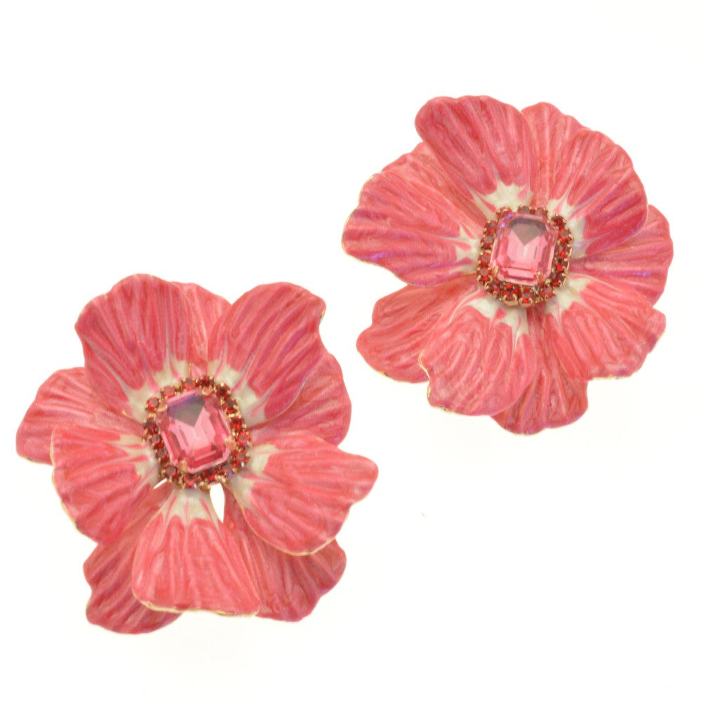 Miss Milly Pink Flower Statement Earrings on white background 
