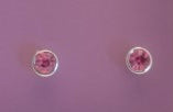 Two small round earrings with pink gemstones on a light purple background
