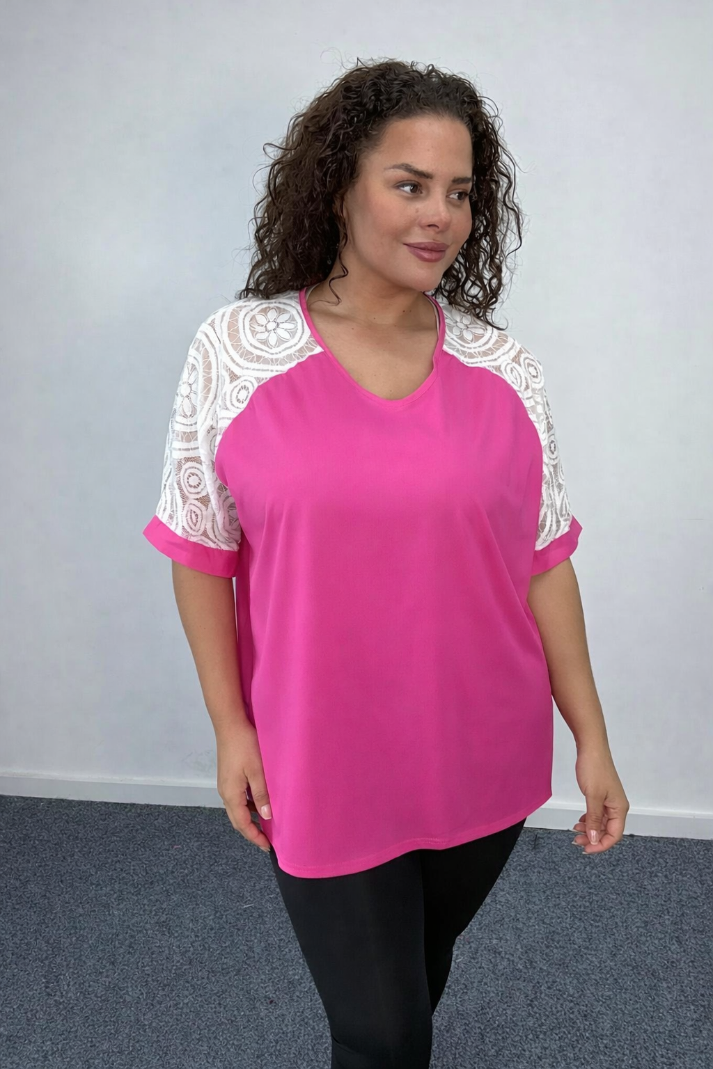 Woman wearing Pink Plus Size Lace Sleeve Oversized Top