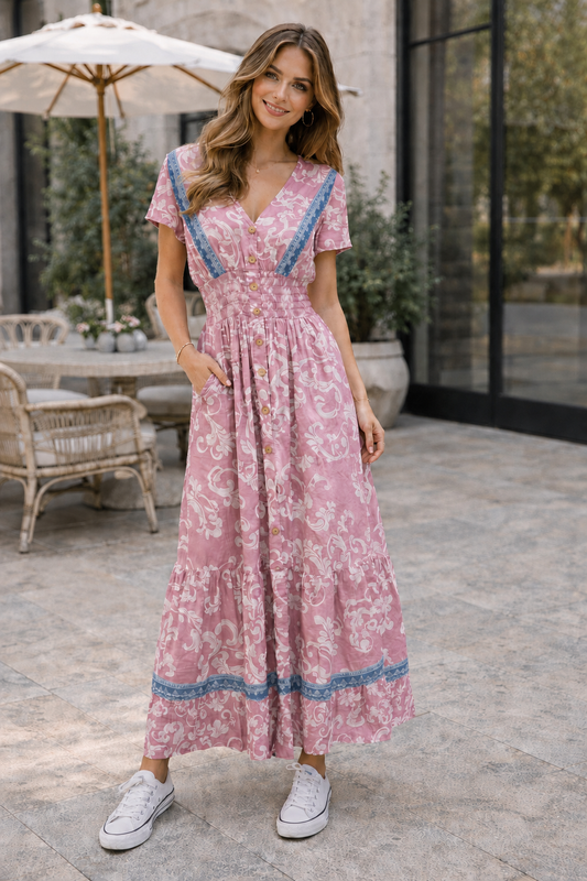 A woman wearing a pink and white floral maxi dress with blue trim, standing on a stone patio in front of a modern building with large glass windows.