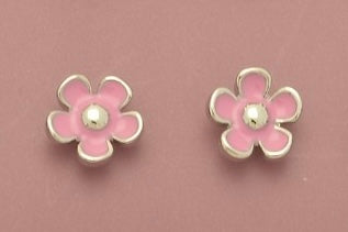 Pink flower-shaped earrings on a pink background