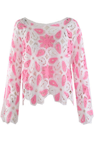 Pink and White or Blue and White Floral Crochet Jumper on a white background