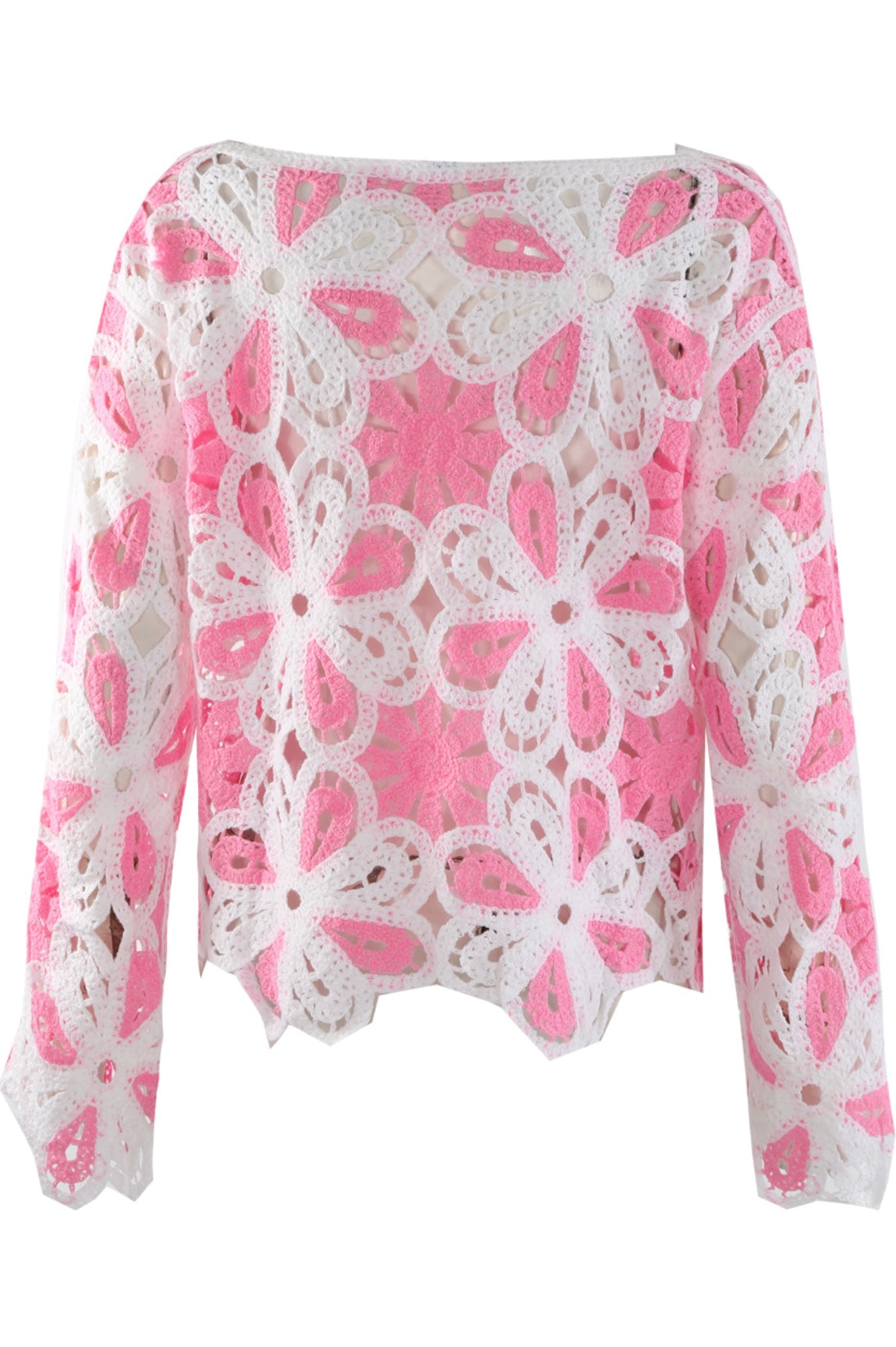 Pink and White Floral Crochet Jumper on a white background