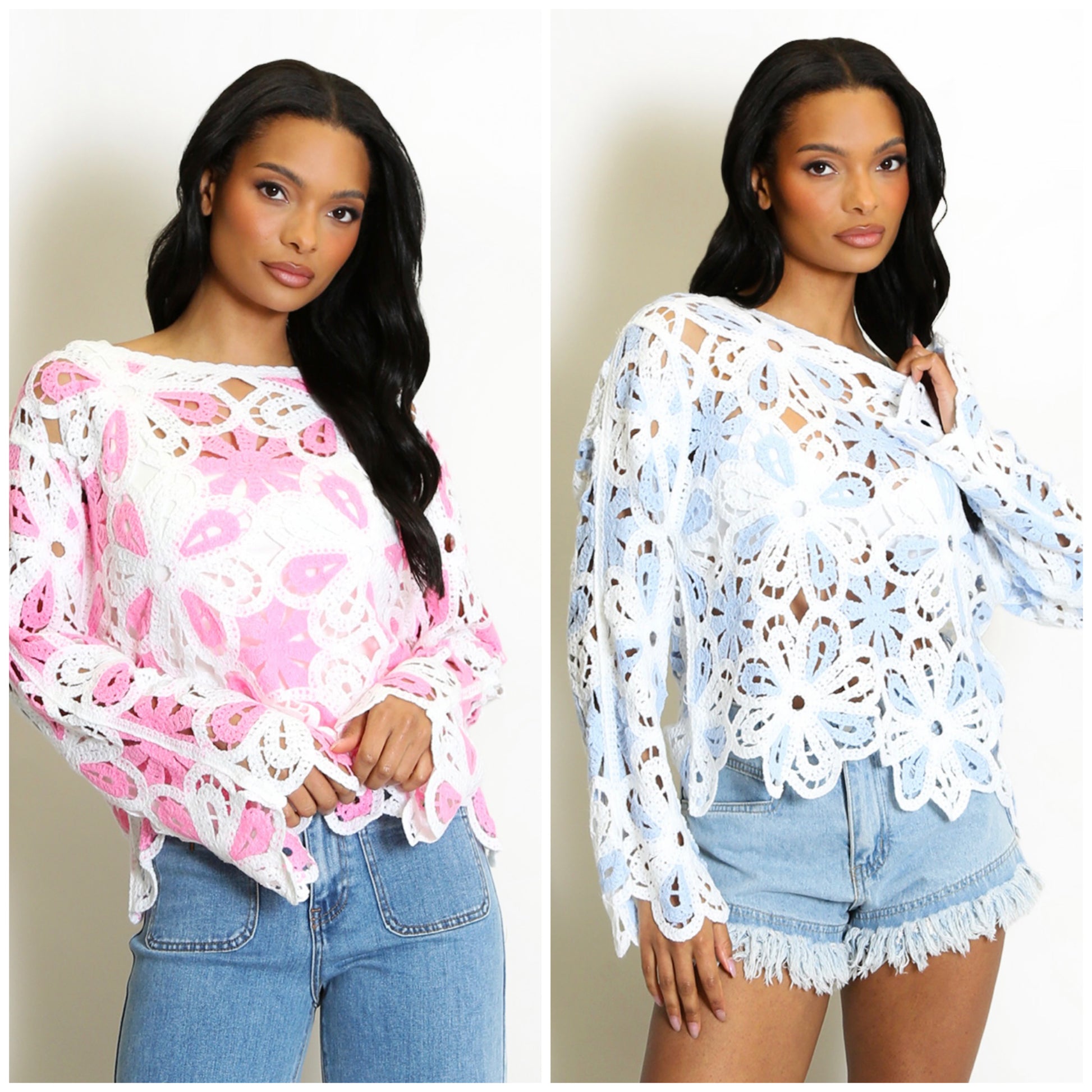 Two models wearing Pink and White and Blue and White Floral Crochet Jumper tops with a neutral background.
