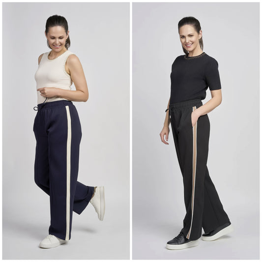 Two images of a woman wearing Pinns 643T Wide Leg Trouser with Side Tape Detail in Navy/Ecru and Black/Taupe on a plain background