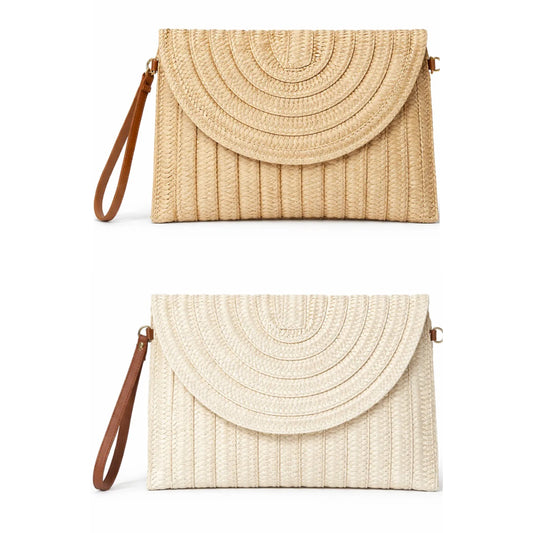 Two Plain Straw Clutch Bags one in Beige and one in Camel on a white background 