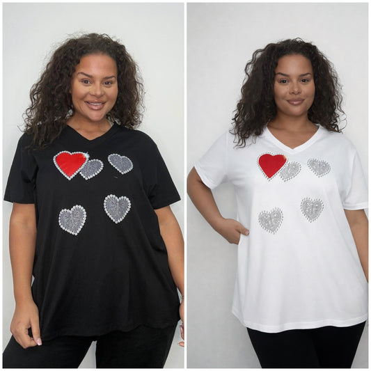 Two images of a woman wearing black and white Plus Size Heart V-Neck T-Shirt with heart designs.
