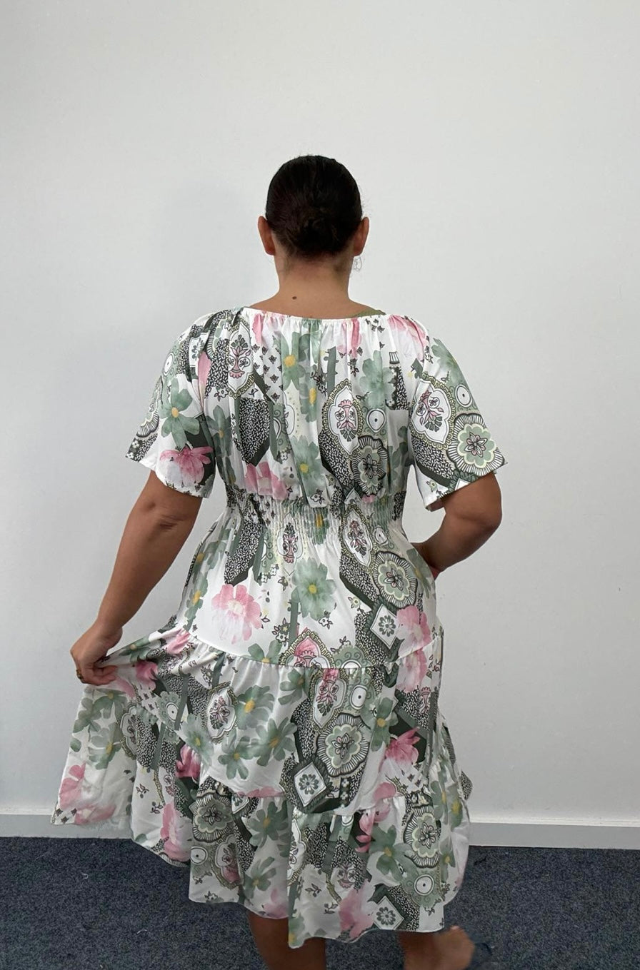 Person wearing a Plus Size Khaki Floral Print Tiered Shirred Waist Midi Dress with Pockets with a white background
