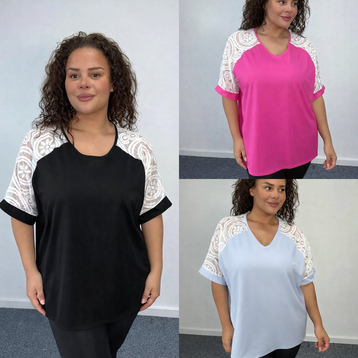 Three images of a woman wearing Plus Size Lace Sleeve Oversized Top one each in black, pink and blue tops with lace sleeves against a plain background.