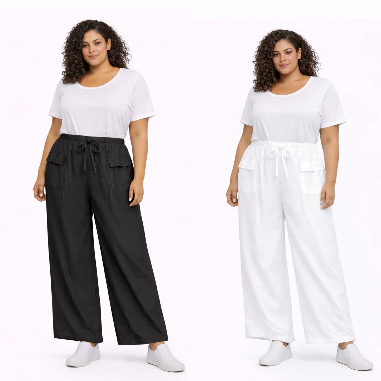 Two women wearing white tops and Plus Size Lightweight Wide Leg Cargo Trousers with Pockets, one black and one white, on a white background.