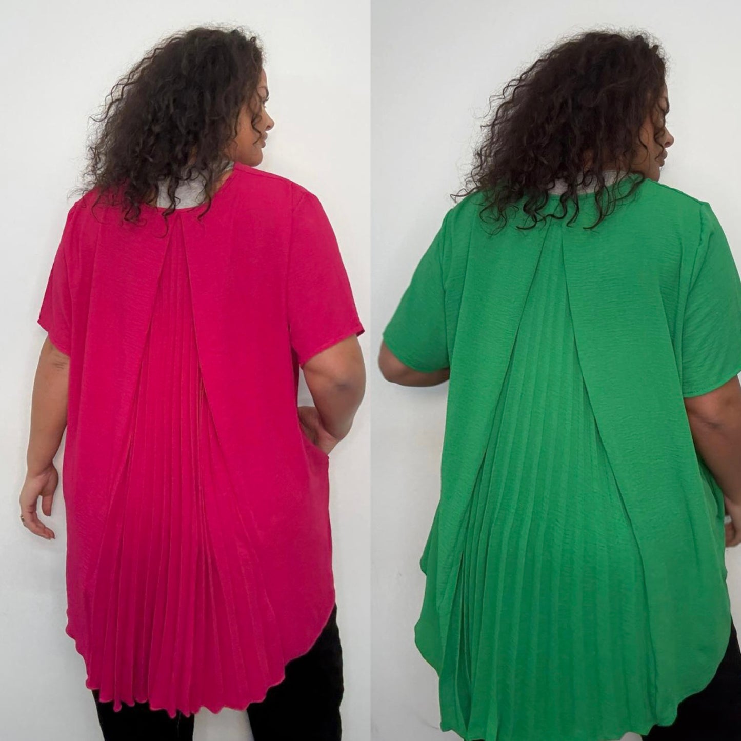 Two people wearing Plus Size Pleated Back Oversized T-Shirt with Pockets, facing away from the camera on a white background.