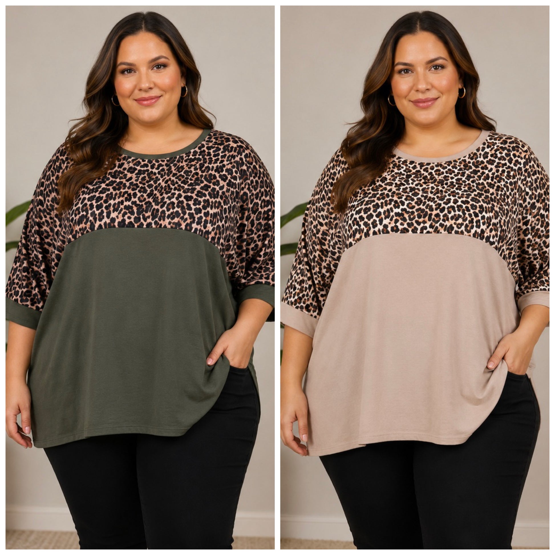 A side-by-side comparison of a women's color-block top worn by a model. The top features a leopard print pattern on the upper chest and shoulders, with a solid color-blocked design below: one side is olive green and the other is light beige.