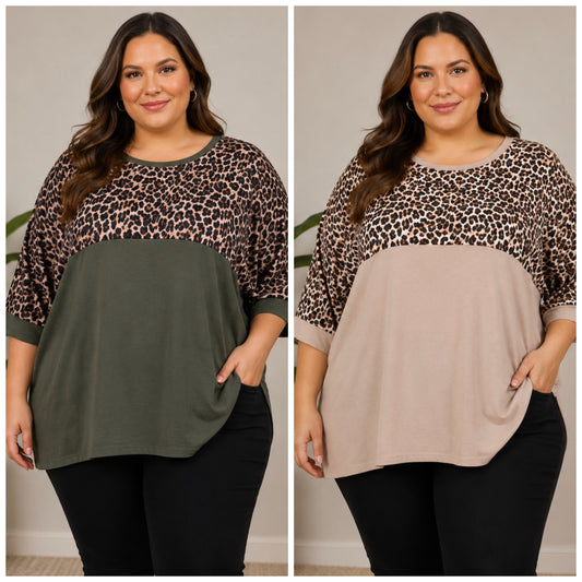 A side-by-side comparison of a women's color-block top worn by a model. The top features a leopard print pattern on the upper chest and shoulders, with a solid color-blocked design below: one side is olive green and the other is light beige.