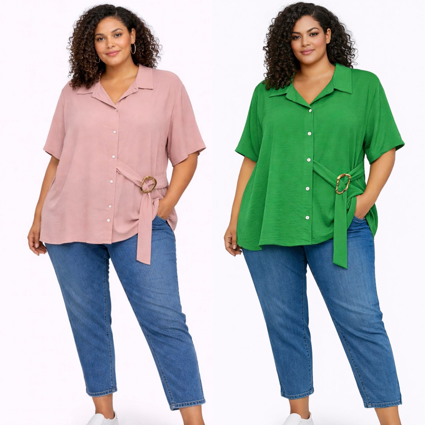 Two women wearing Plus Size Textured Belted Button-Through Shirt Tops and jeans on a white background