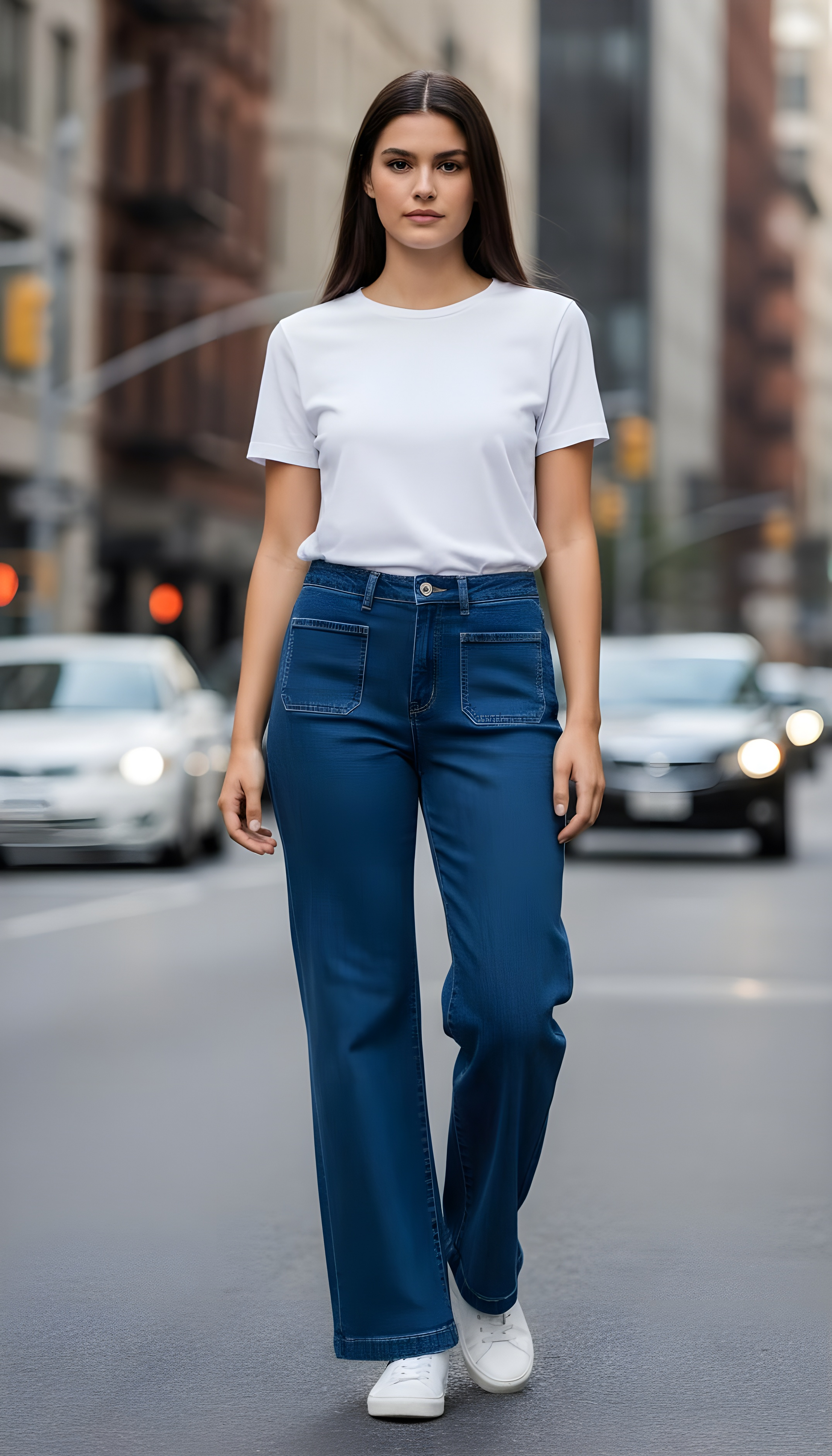Woman wearing a white t-shirt and Plus Size Wide Leg Two Front Pocket Voggo Jeans standing on a city street.