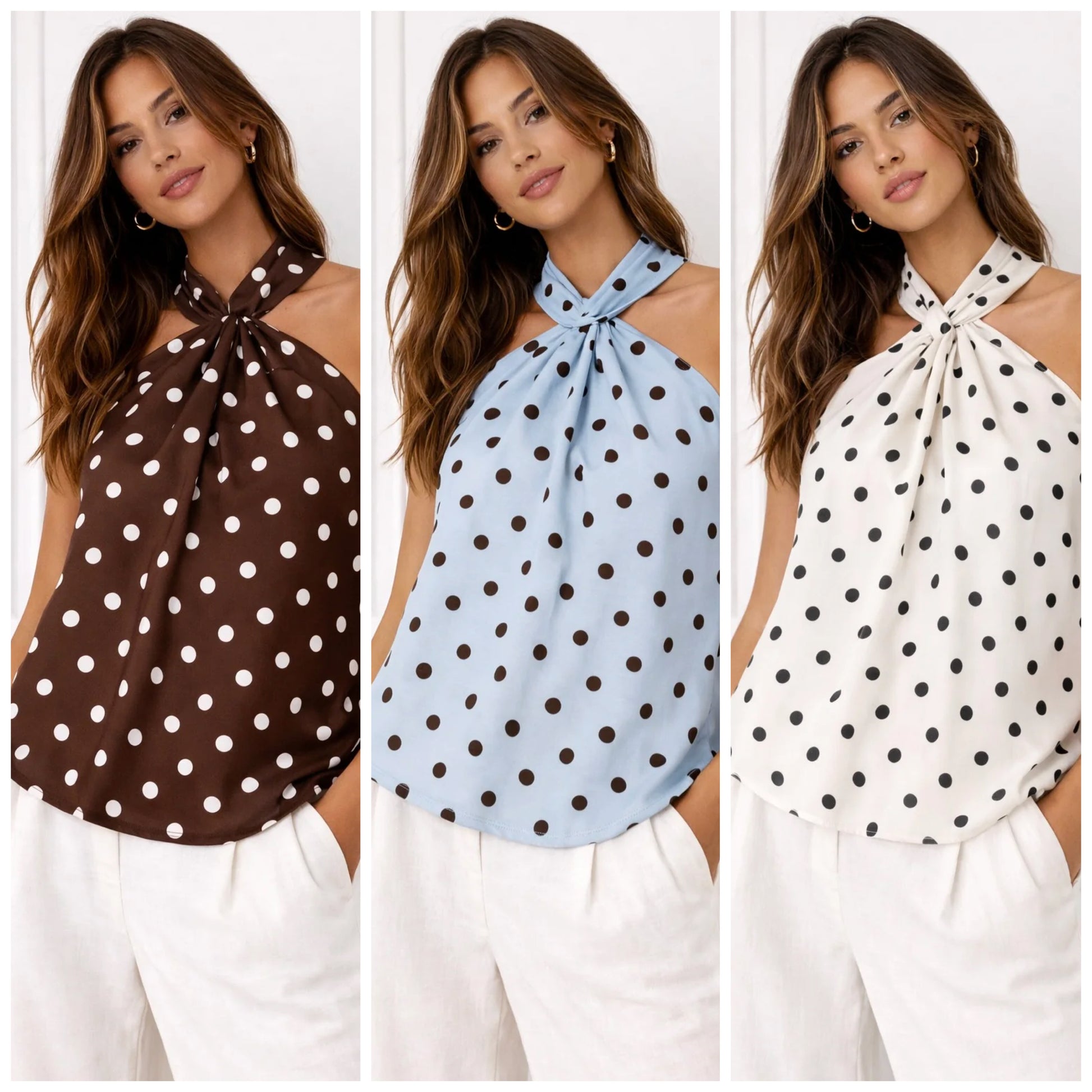 Three images of a woman wearing polka dot halter tops in brown, blue, and white.