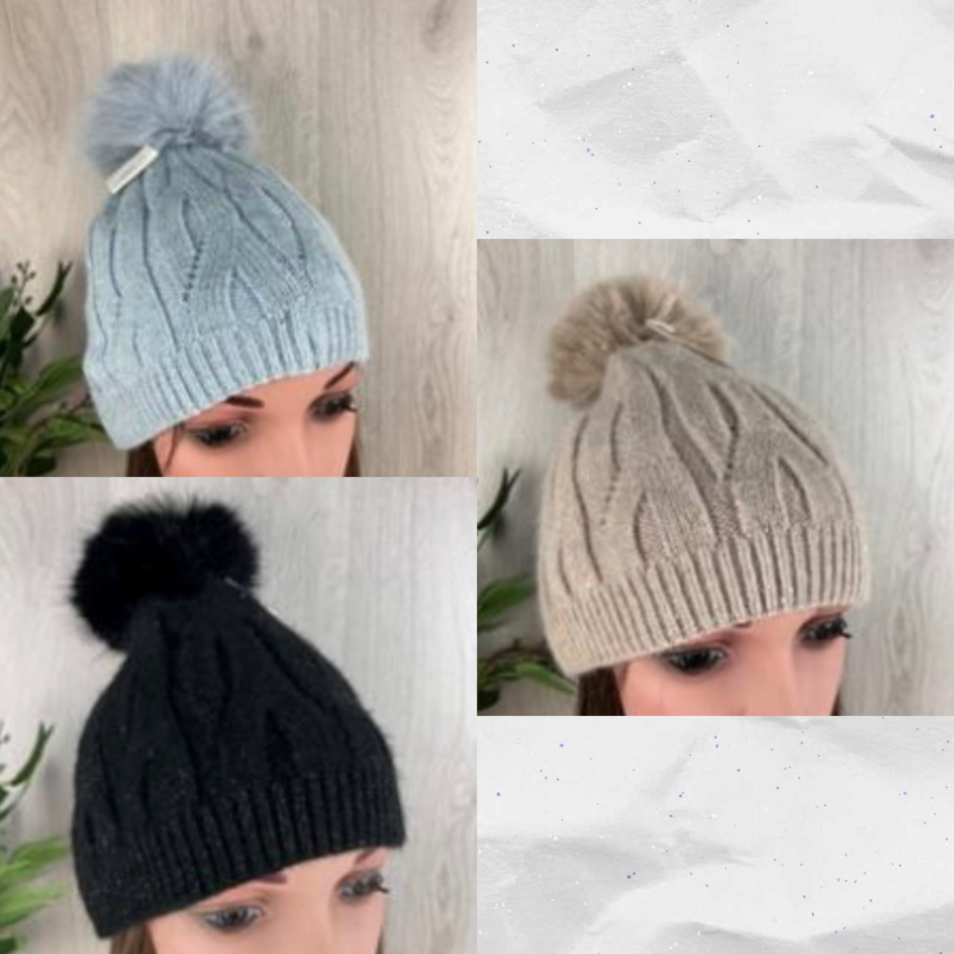 Three knitted beanies in blue, beige, and black with pom-poms on a neutral background.