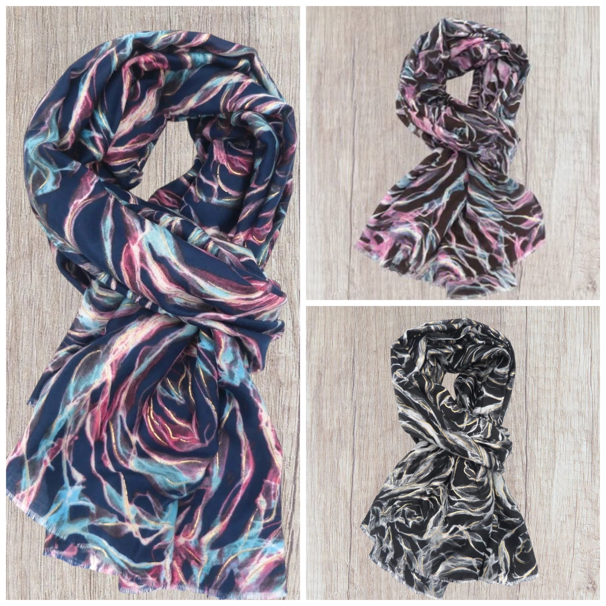 Multicolored scarf with abstract pattern on a wooden surface
