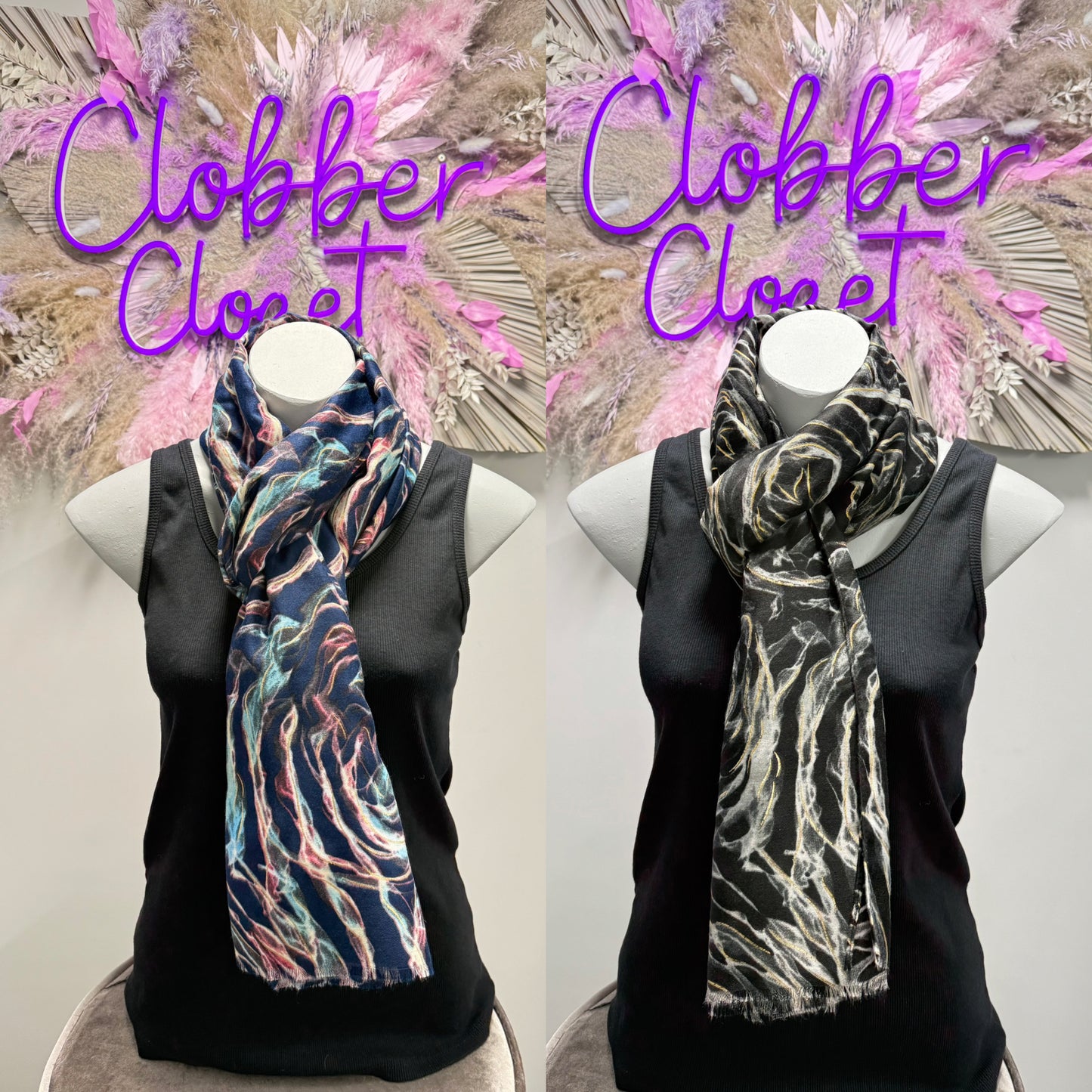 Two mannequins wearing scarves with 'Clobber Closet' branding against a floral background.