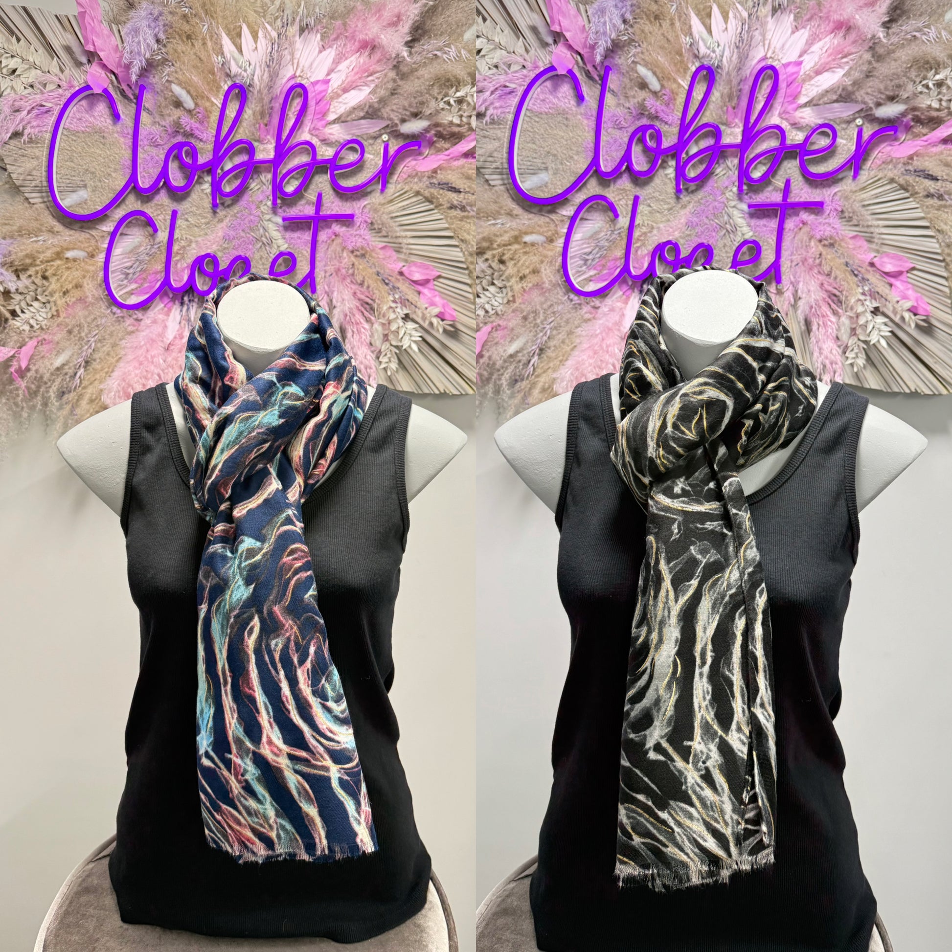 Two mannequins wearing scarves with 'Clobber Closet' branding against a floral background.