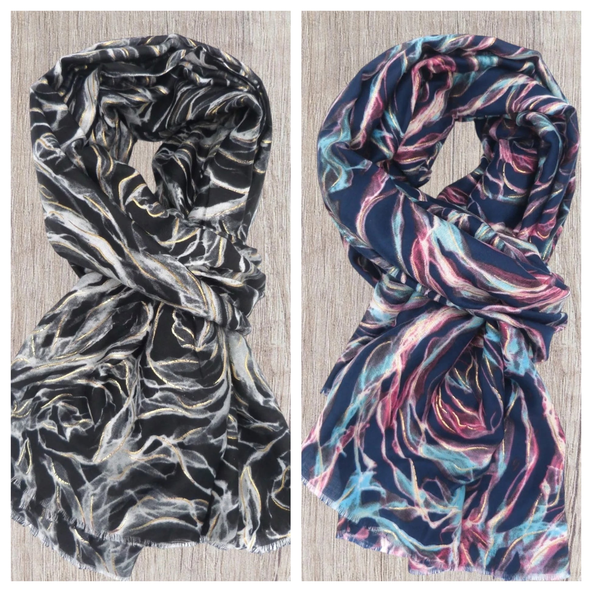 Two scarves with floral patterns on a wooden surface