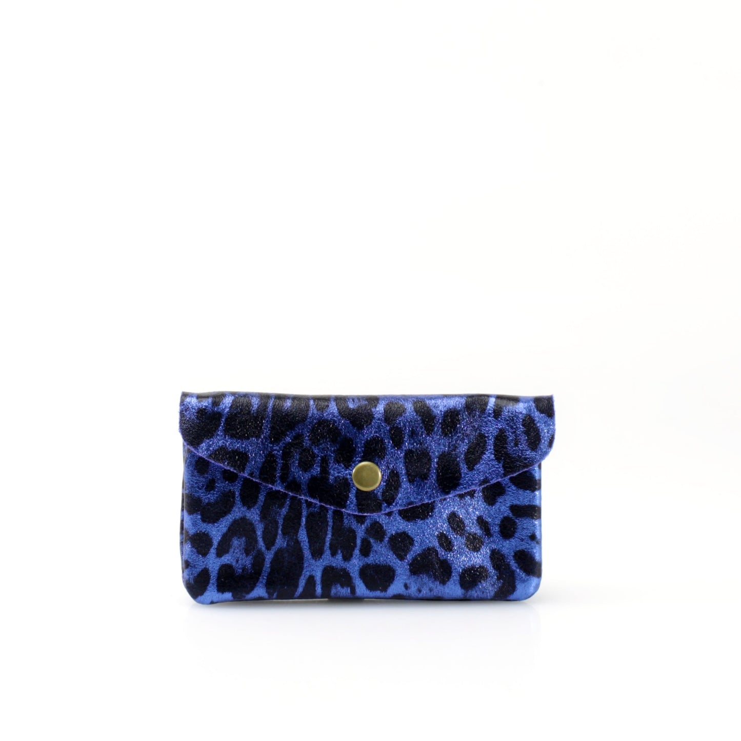 Blue leather purse with black leopard print pattern on a white background
