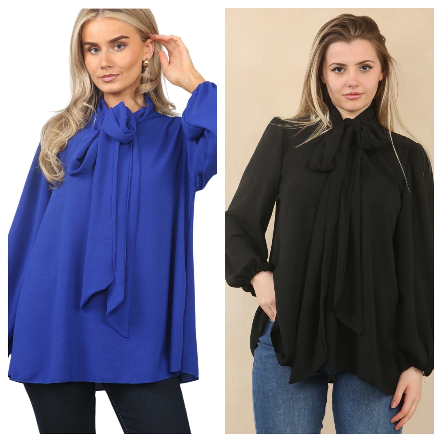 Two models one wearing a Royal Blue and one wearing a Black Pussy Bow Tie Neck Blouse